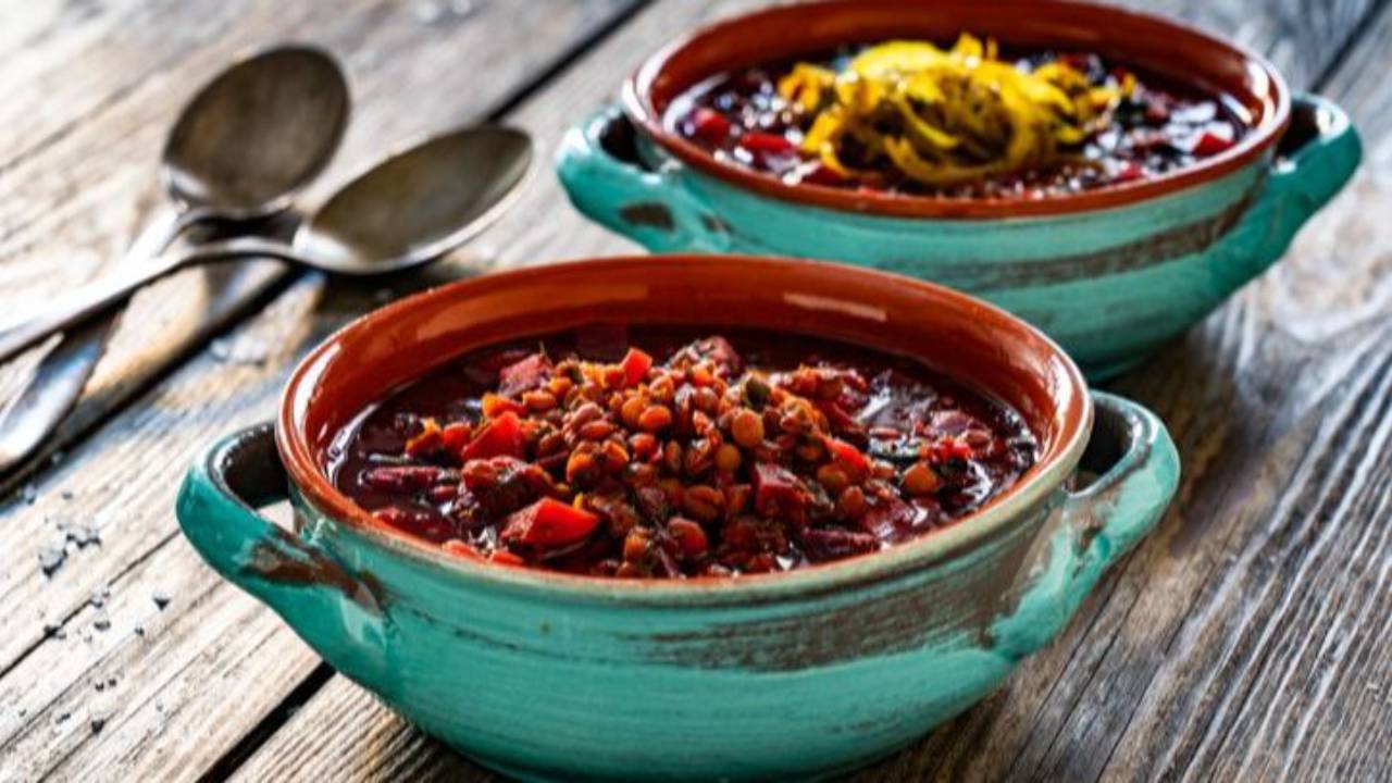 bowl of lentil and beet soup