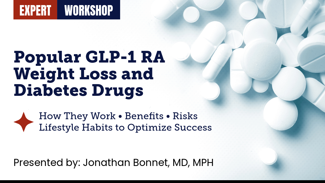 Workshop title graphic: Popular GLP-1 RA Weight Loss and Diabetes Drugs.