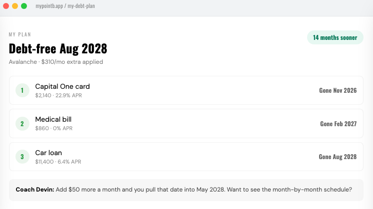 Point B app screenshot showing a debt payoff plan and next step