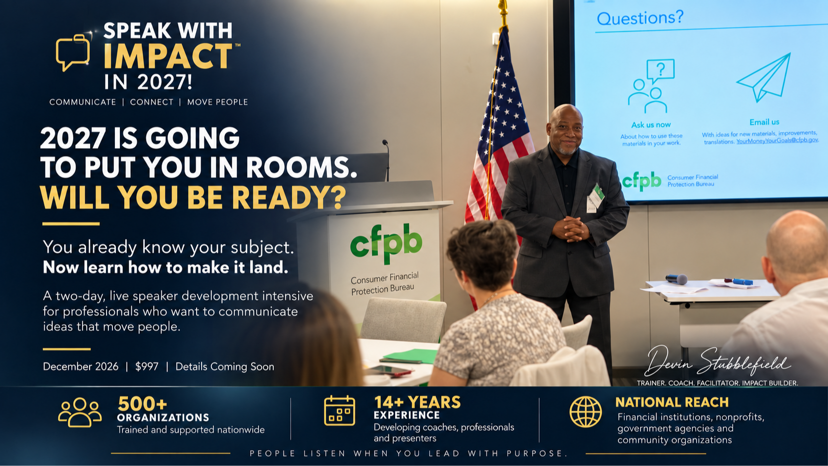 Speak With Impact in 2027 speaker development intensive with Devin Stubblefield leading a professional training at the Consumer Financial Protection Bureau