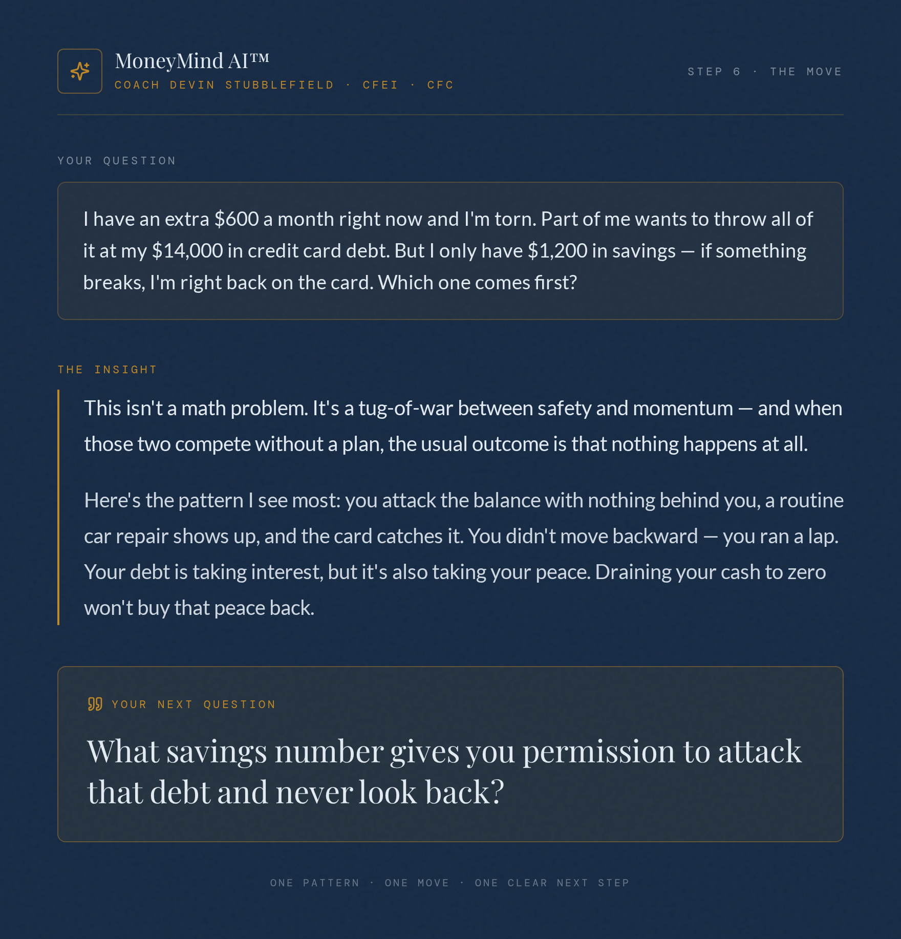 MoneyMind AI app screenshot showing a personal reflection and next move