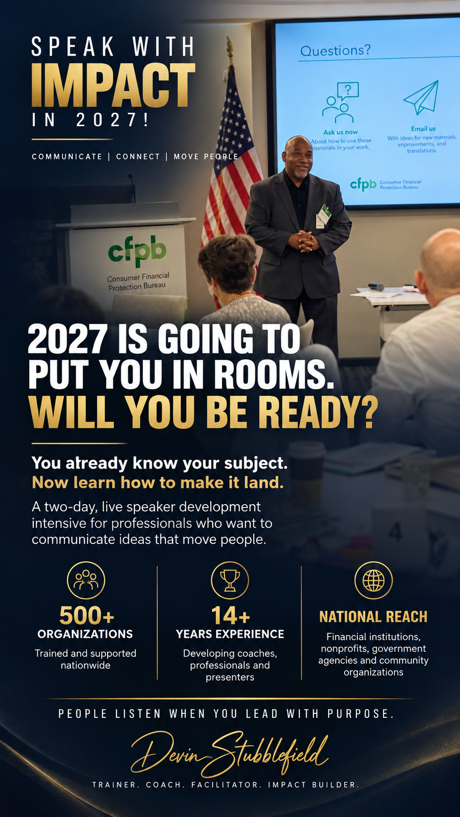Speak With Impact in 2027 mobile hero featuring Devin Stubblefield leading professional training at the Consumer Financial Protection Bureau
