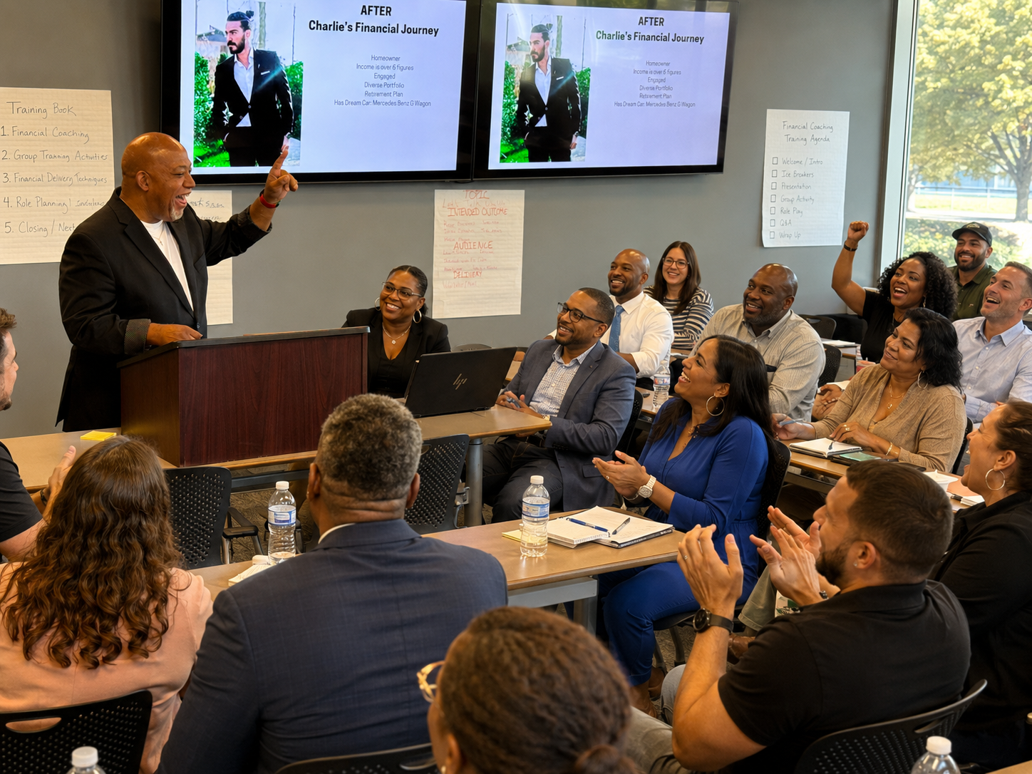 Devin Stubblefield leading an engaged live training room with participants responding and smiling