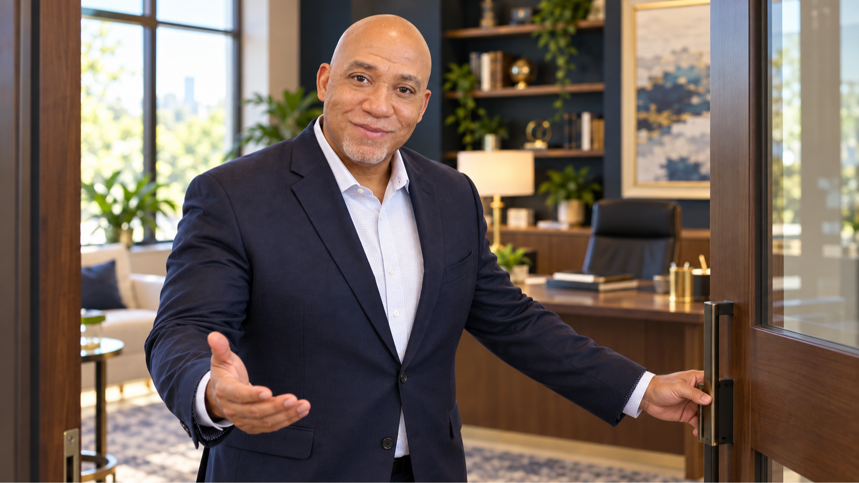 Coach Devin welcoming guests at his office door