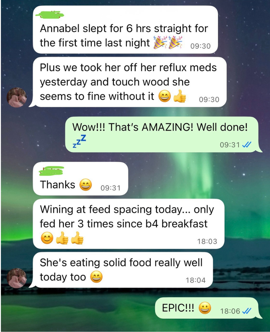 A parent sharing that their baby slept six hours for the first time, came off reflux medication, managed feeds calmly, and started enjoying solid foods after understanding her reflux