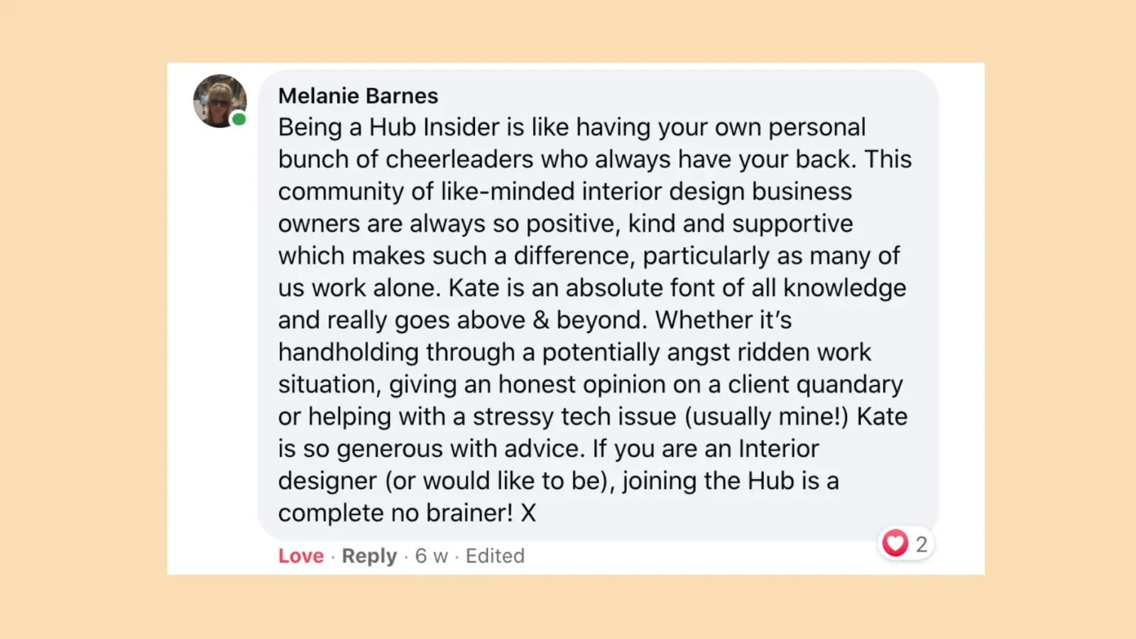 Interior Designer testimonial praising Interior Designers Hub for building confidence, providing a clear learning path, and helping launch successful interior design careers.