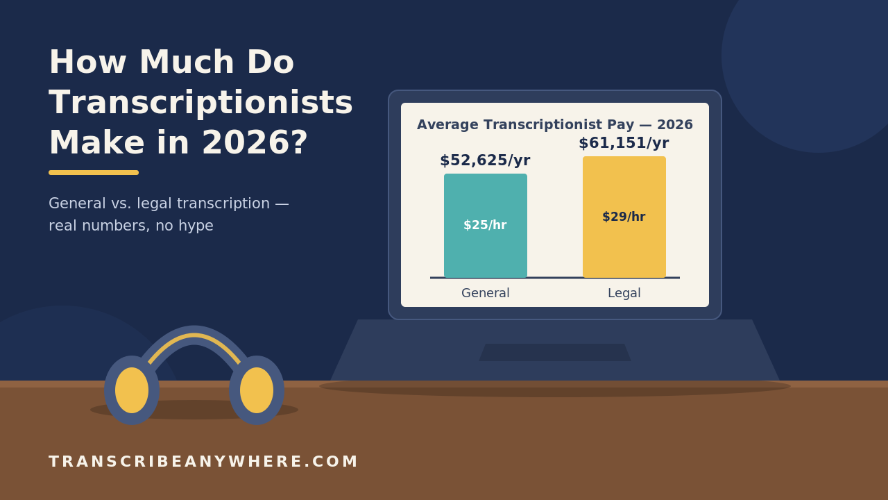 Chart comparing 2026 general and legal transcriptionist earnings with a laptop and headphones on a desk