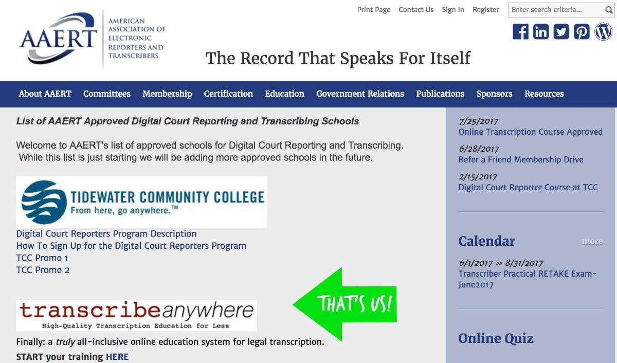 AAERT list of approved transcription schools showing Transcribe Anywhere
