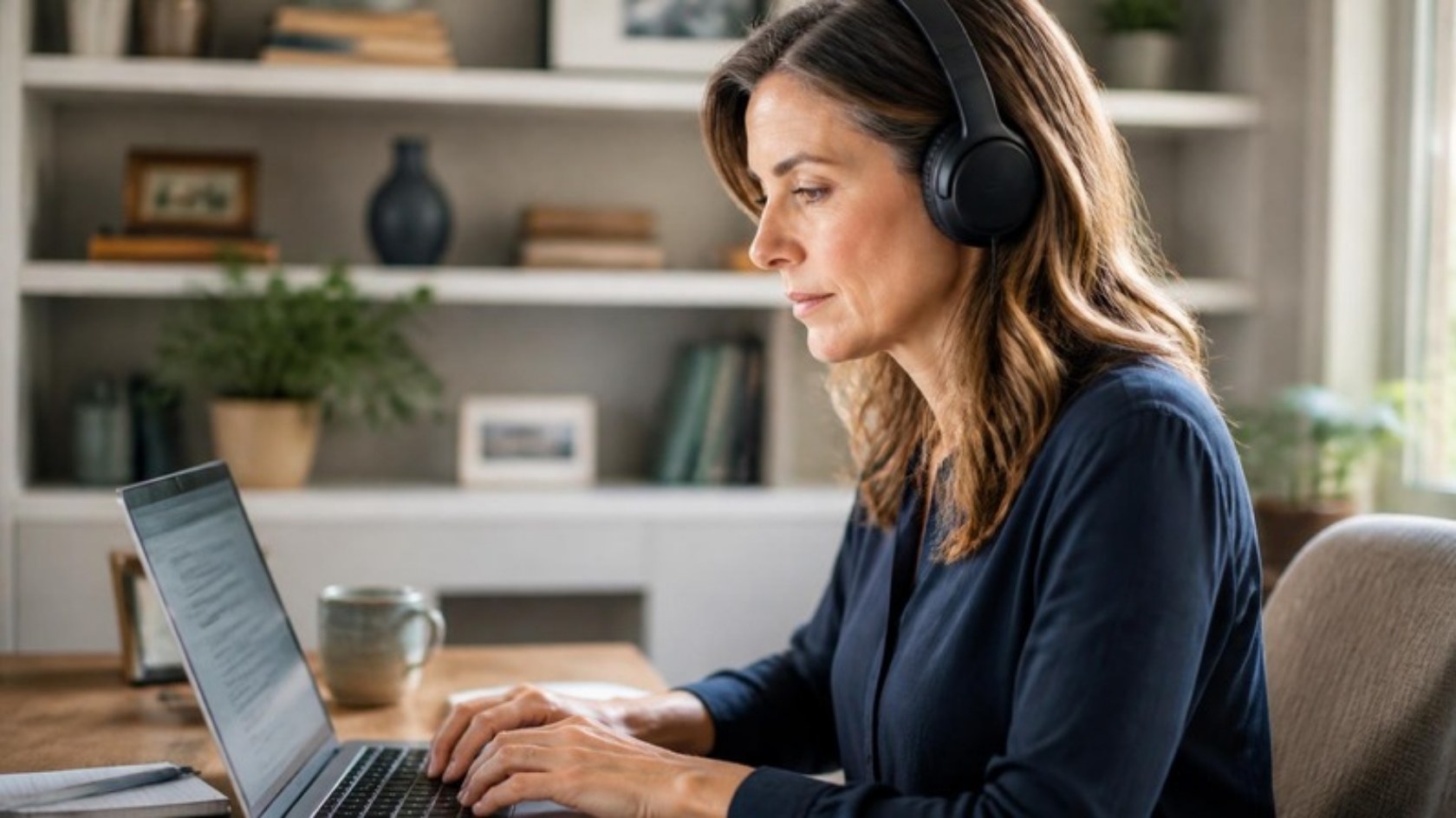 A woman wearing headphones and typing on a laptop in a home office