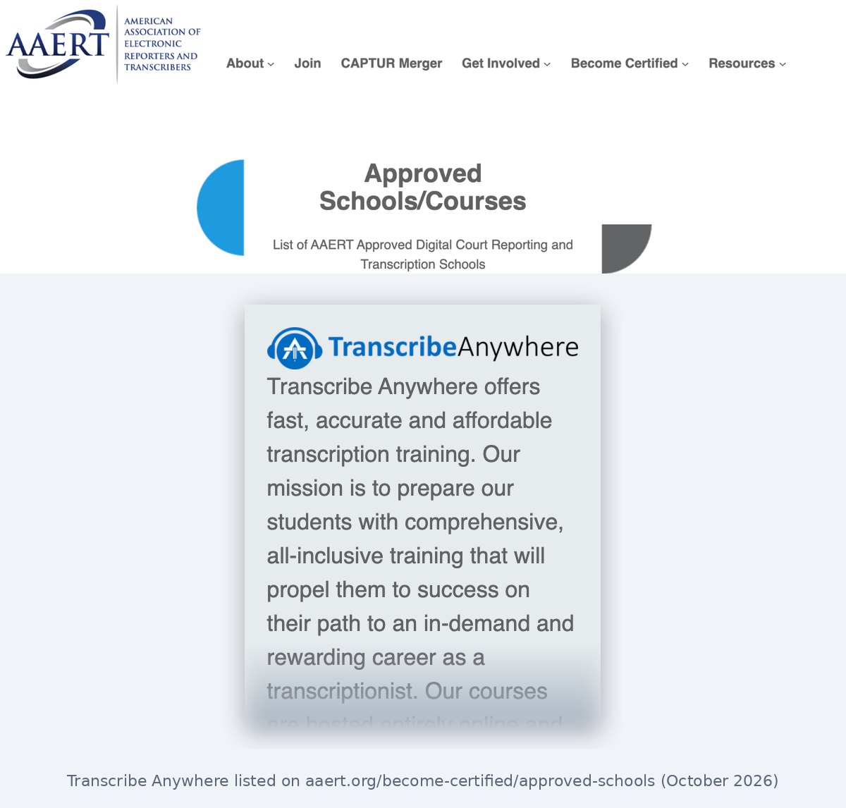 Transcribe Anywhere listed on the AAERT approved schools page, October 2026