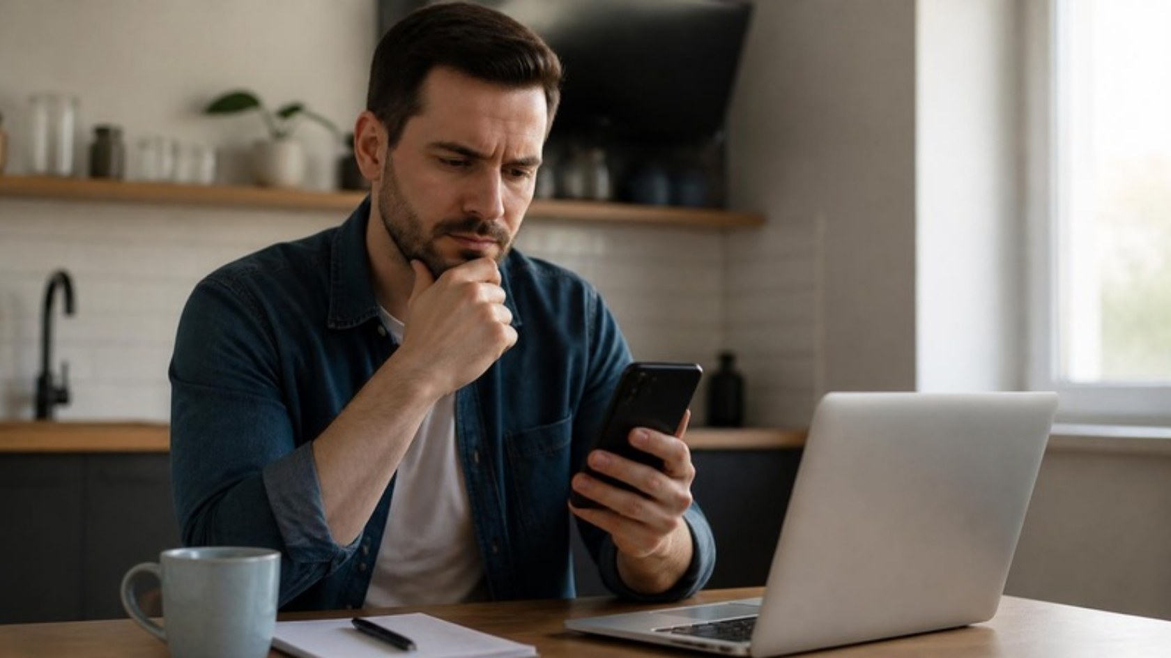 A man at a kitchen table looking skeptically at a job offer on his phone