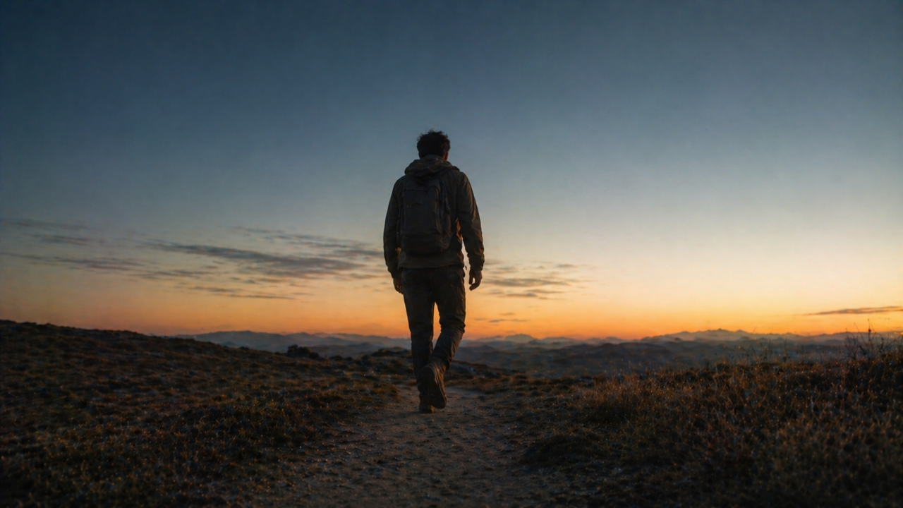 Walking towards the horizon at dawn