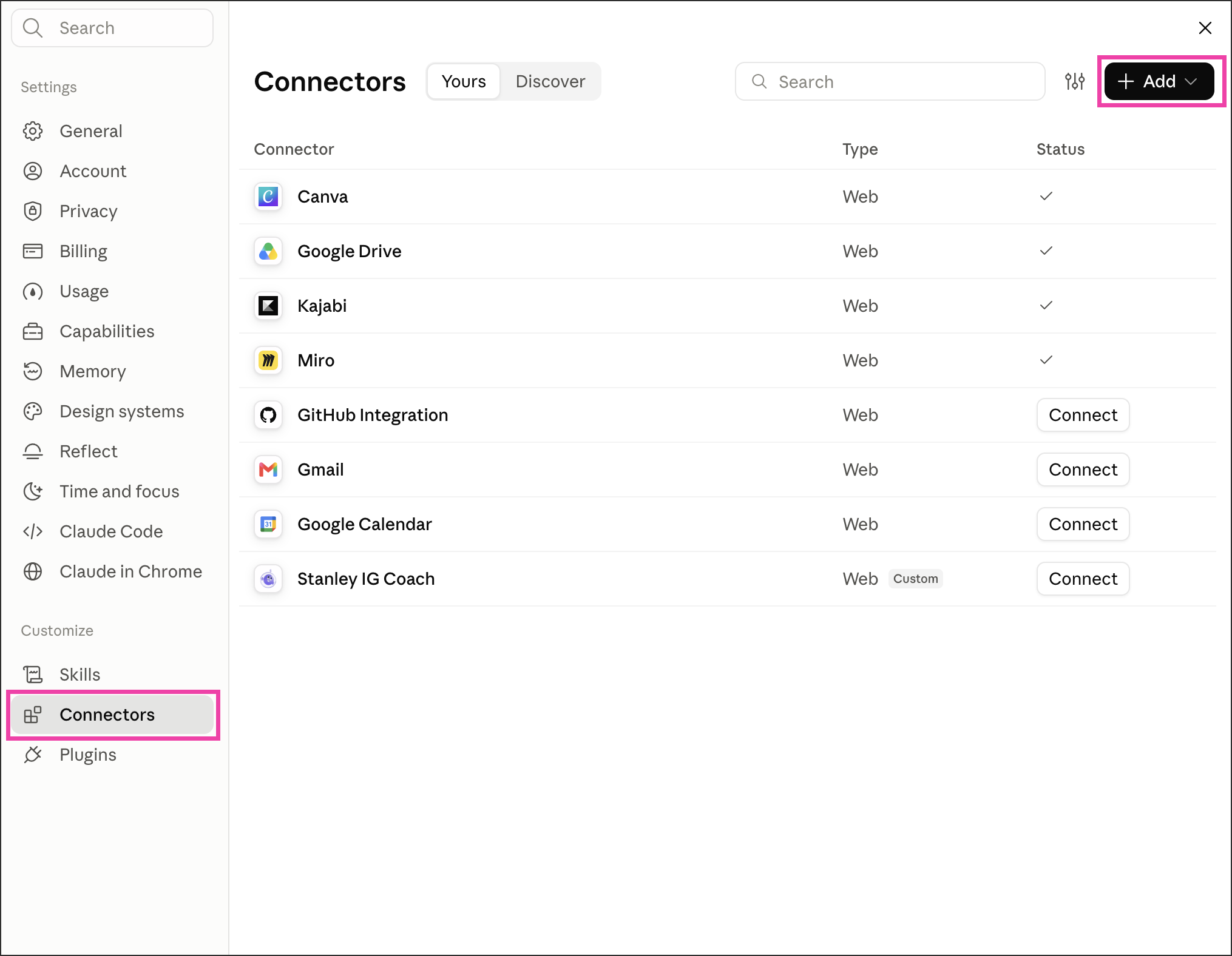 Claude's Connectors page in Settings, with Connectors highlighted in the sidebar and the + Add button highlighted in the top right