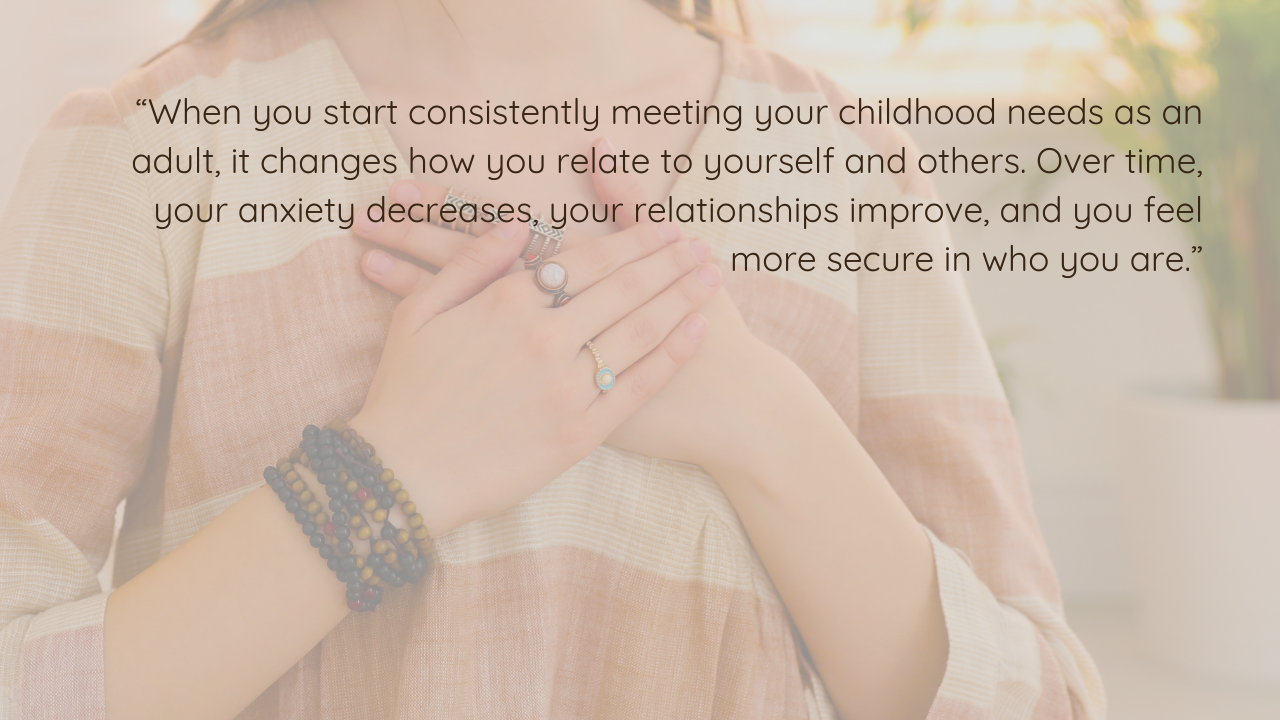 Hands clasped over the chest, adorned with rings and bracelets, wearing a striped top.
