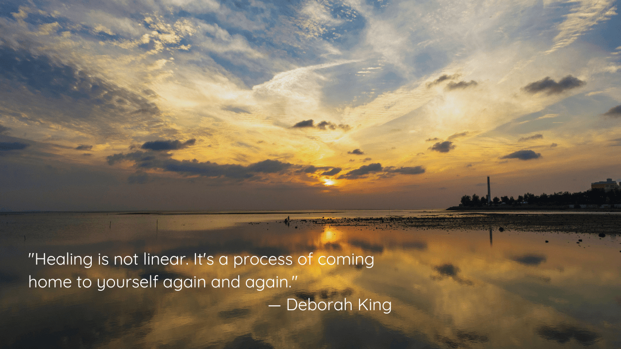 A scenic sunset over calm waters with the quote, 'Healing is not linear. It's a process of coming home to yourself again and again' by Deborah King.