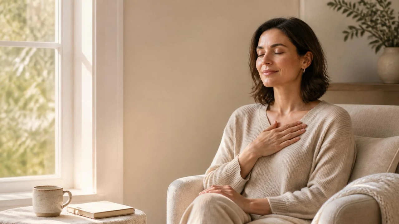 Adult sitting quietly with a hand over the heart, reflecting on childhood emotional neglect.