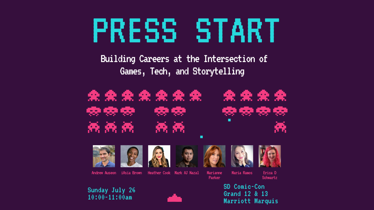 Graphic with Press Start and headshots of all panelists