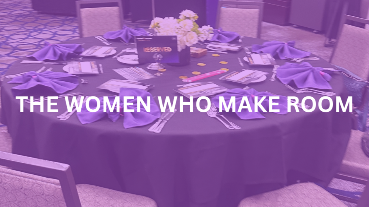 Purple picture of a table and the words The Women Who Make Room