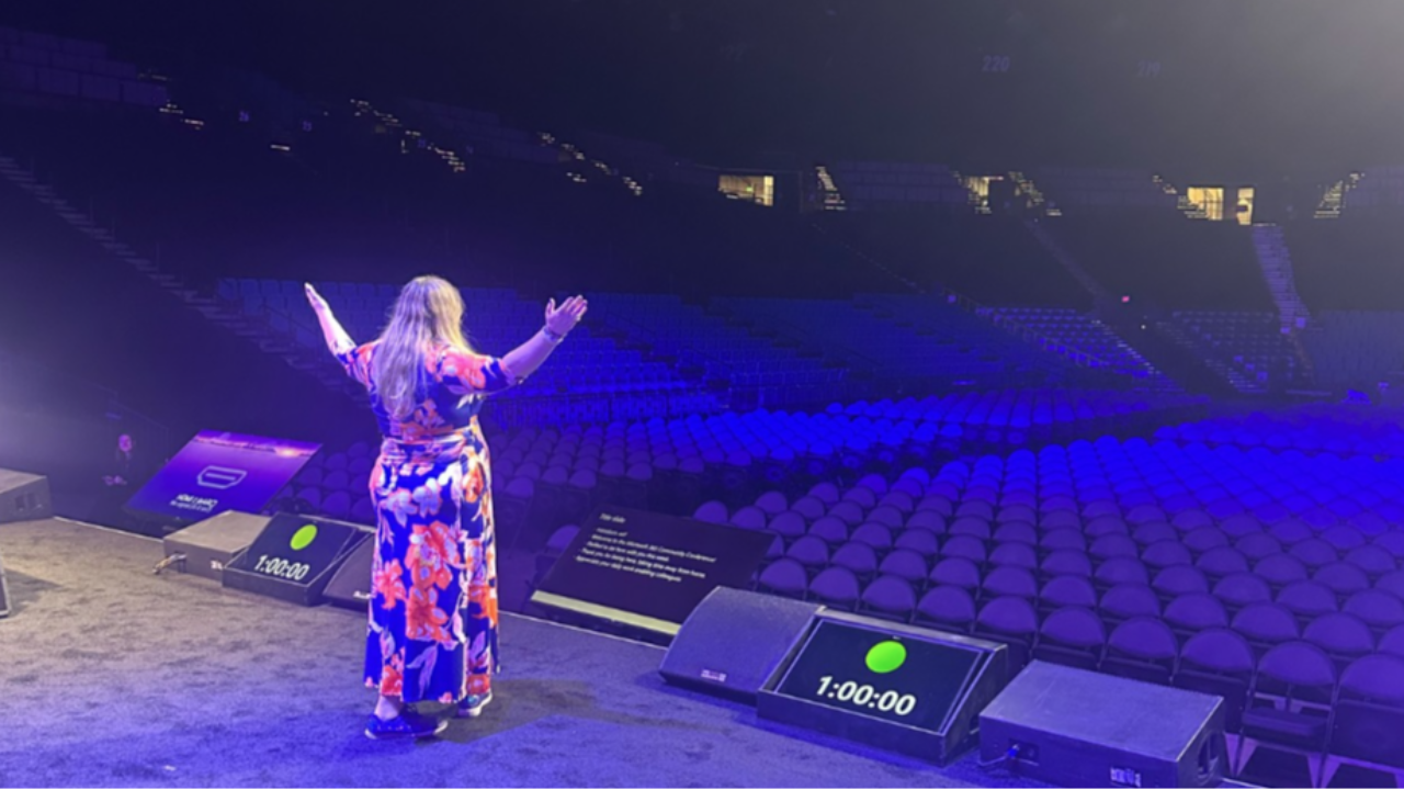 Heather on stage for rehearsal