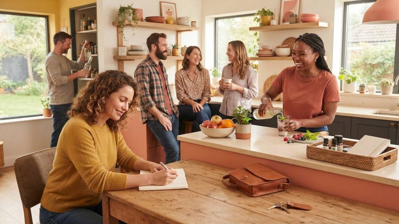 Men and Women standing in a kitchen talking and journaling 