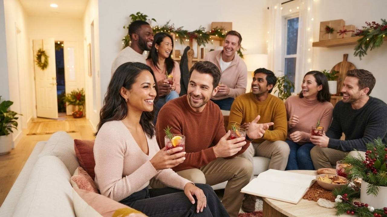 Friends gathered at a house around a table drinking mocktails during the holidays.