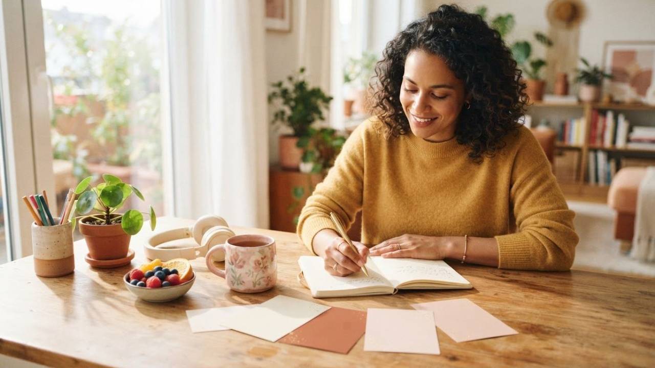 Women sitting down at her desk writing in her journal