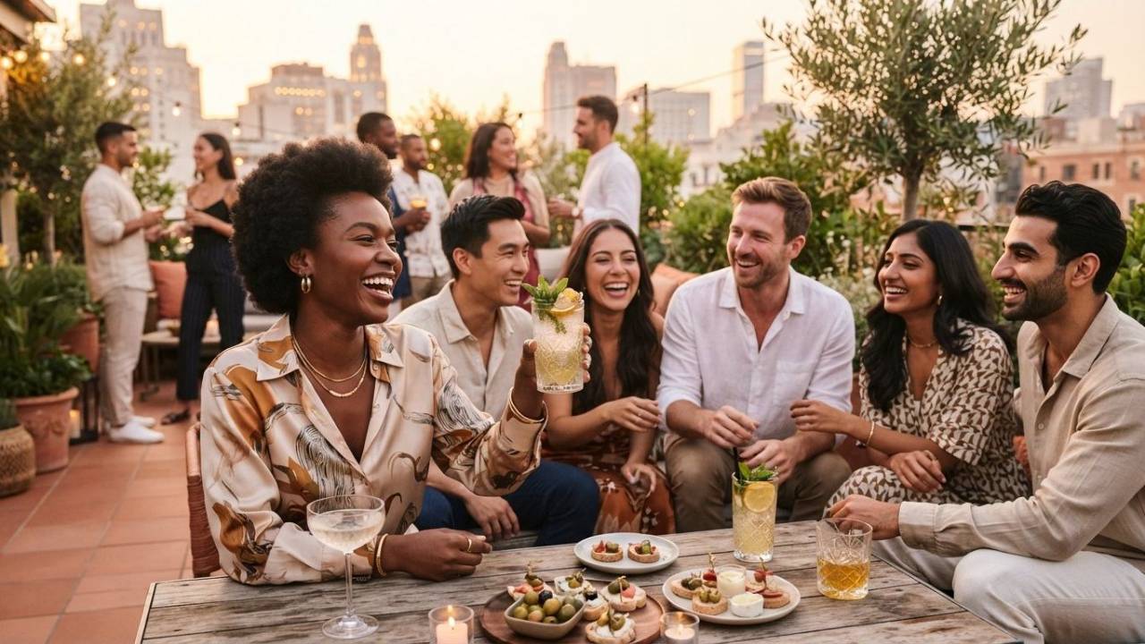 Friends sitting around drinking mocktails and eating apps sociazling in New York City on a Rooftop