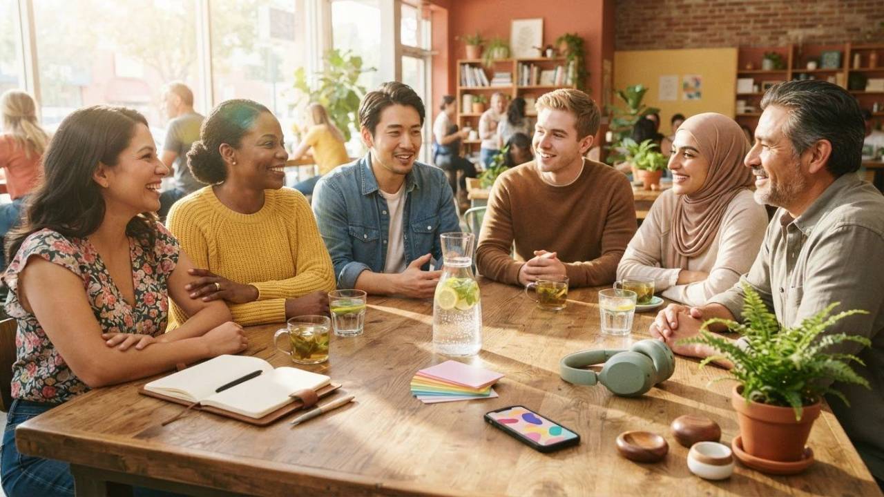 Friends, men and women sitting around a table talking 