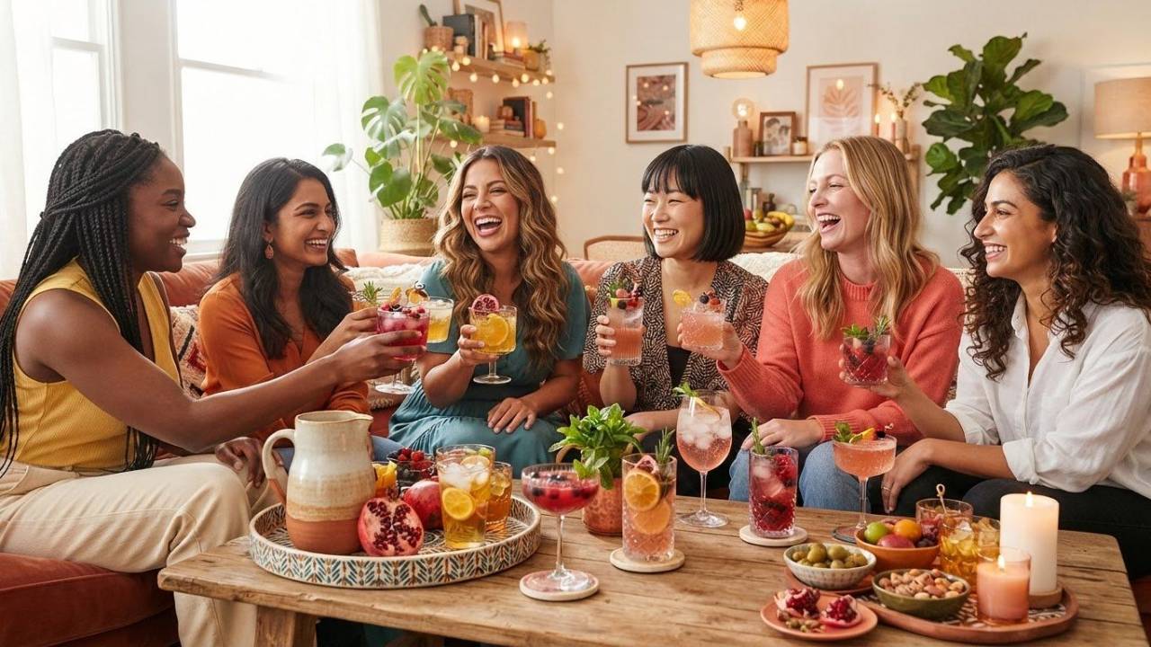 Women sitting around a table drinking mocktails for girls night