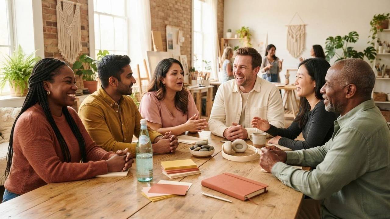 Men and Women sitting around a table with journals and water discussing modern day sobriety
