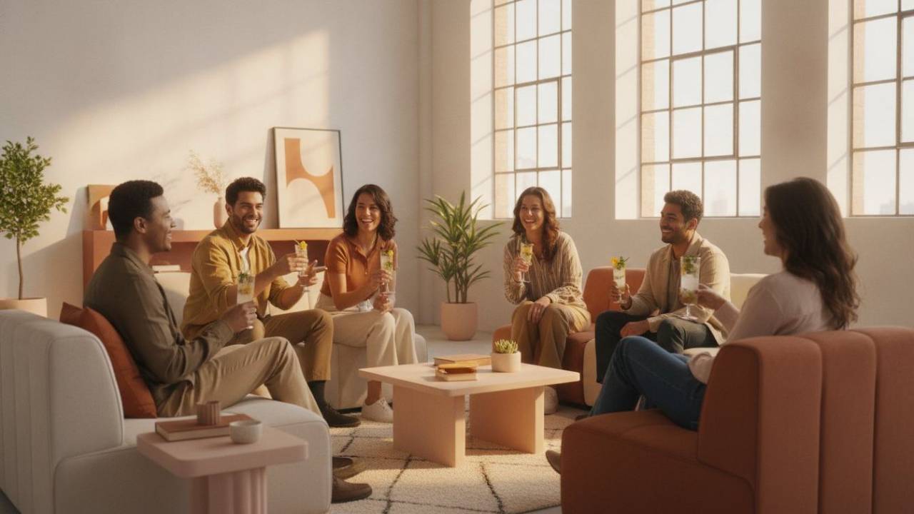 Men and Women who are friends sitting around a coffee table drinking mocktails