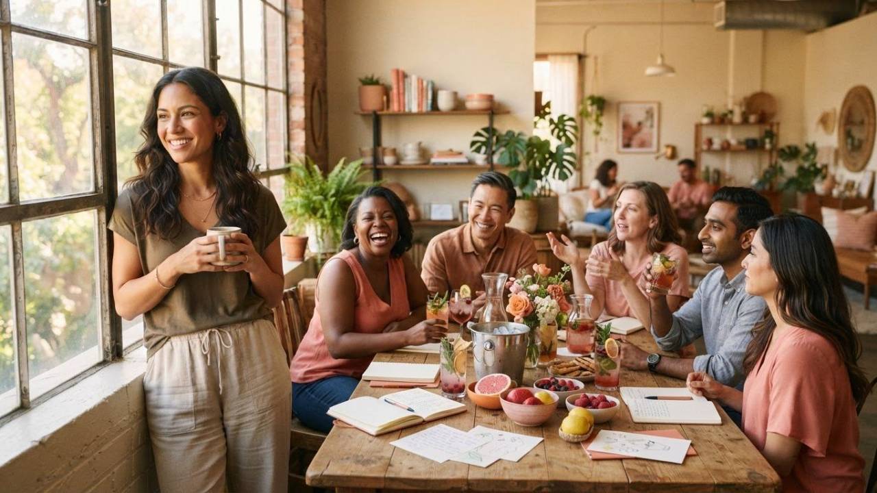Women sitting around a table in a cafe talking and drinking cofee