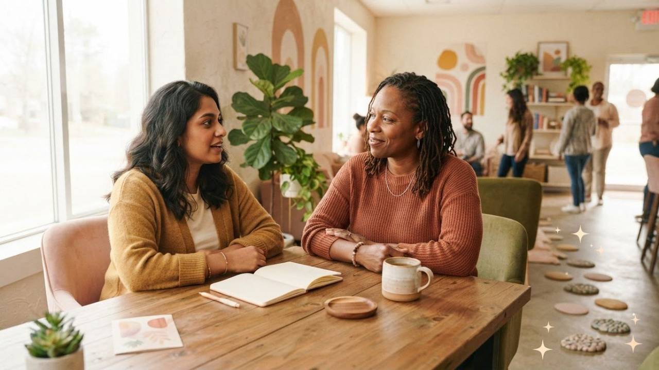 Two women sitting down talking at a table