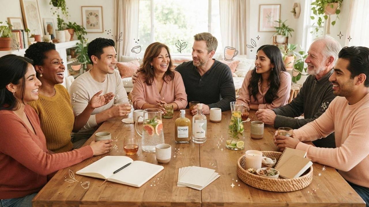 Friends sitting around a table, drinking water and mocktails