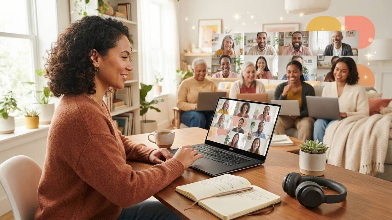 Women sitting at her desk on a zoom meeting with others in an online sobriety support group meeting.