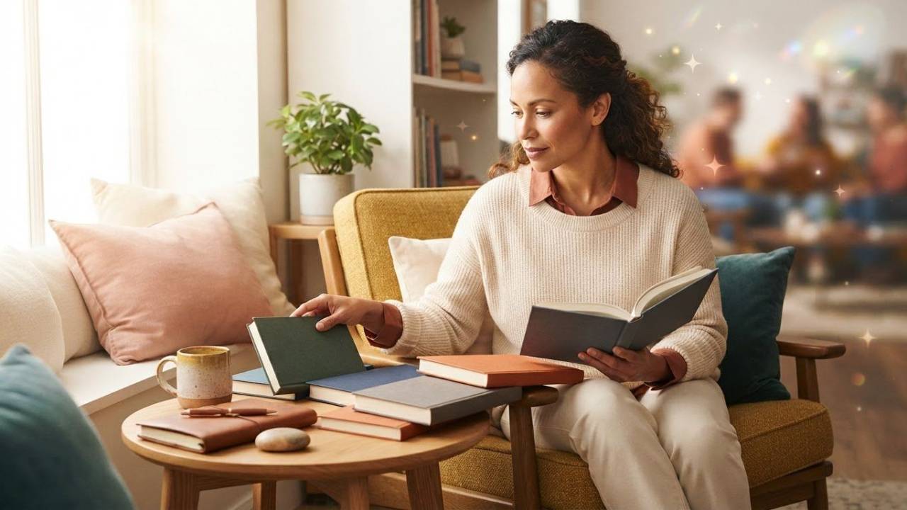 Women sitting at at a table with coffee reading a book 