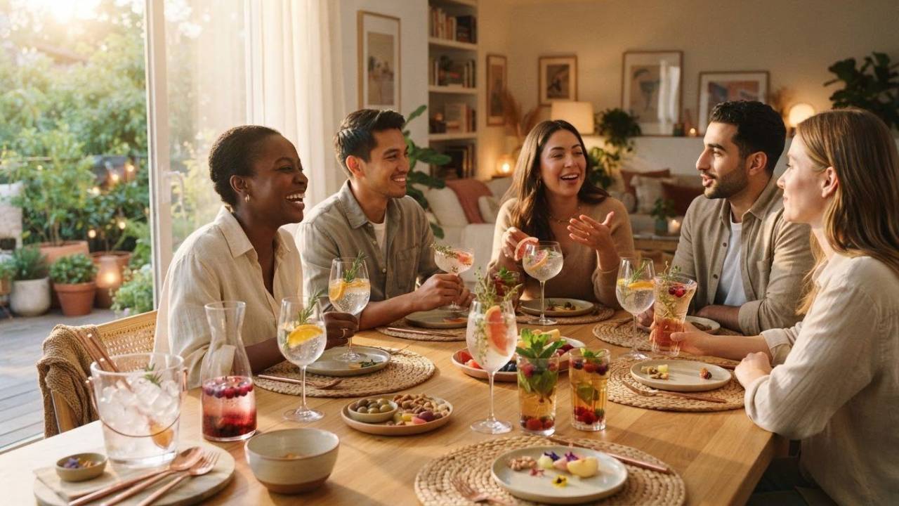 Friends sitting around a table eating and drinking NA wine