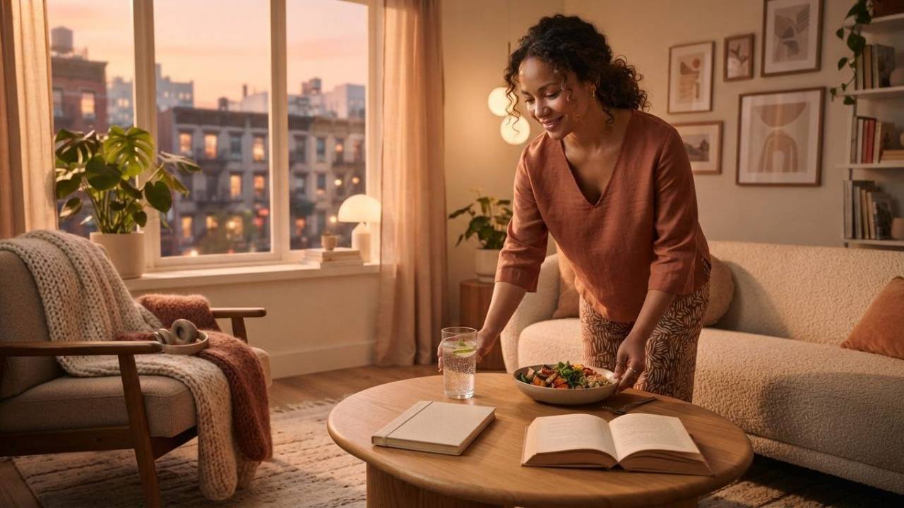 Women in her home at nightime about to read a book and journal