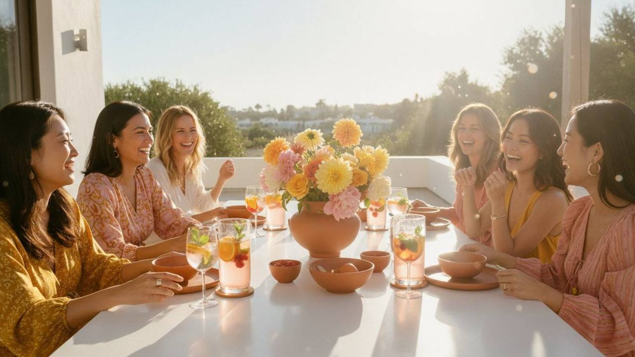 women sitting around a table drinking Mocktails and having fun sober