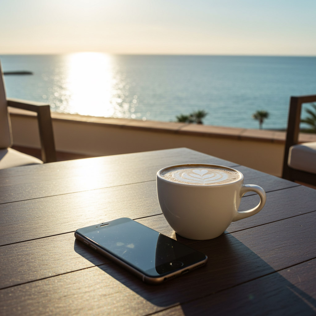 Coffee and Iphone on a Table in Puerto Sherry