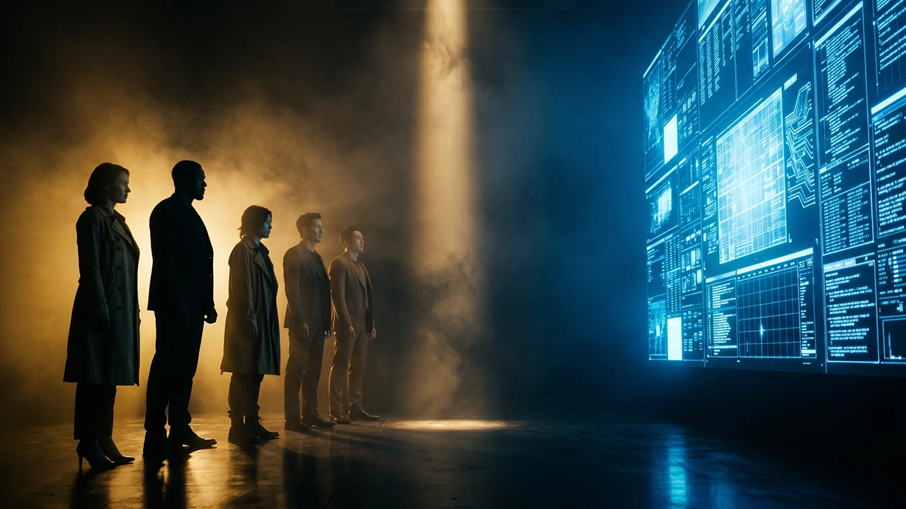 Five people standing in warm golden light facing a large wall of cold blue digital screens across a dark, hazy room.