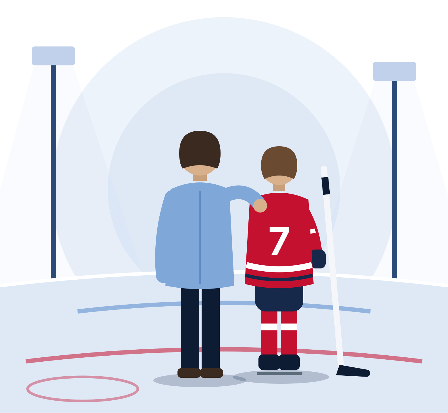 Illustration of a tense parent sitting in the bleachers, hands at chin