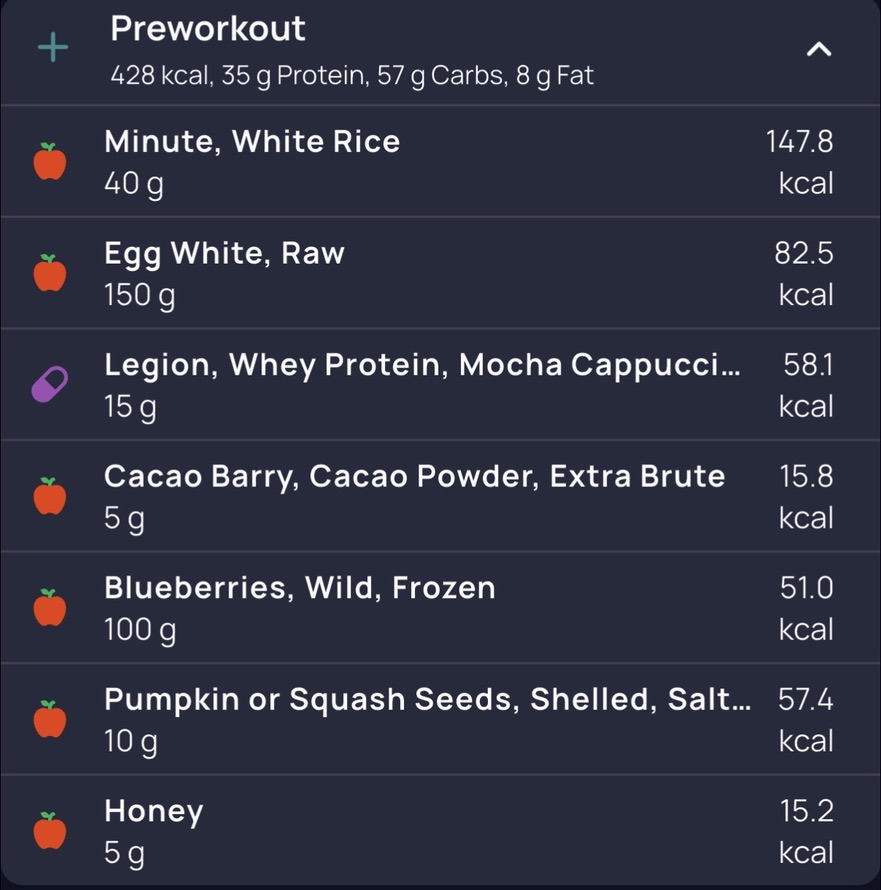 Macro tracker entry for the pre-workout bowl: 428 kcal, 35g protein, 57g carbs, 8g fat