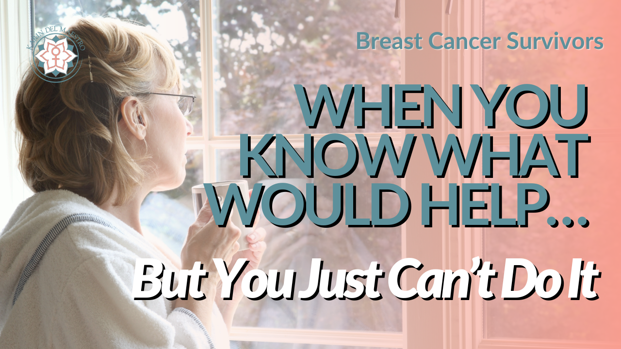 Woman standing quietly in a softly lit kitchen holding a cup of tea, reflecting on the emotional exhaustion and overwhelm many women experience after breast cancer.