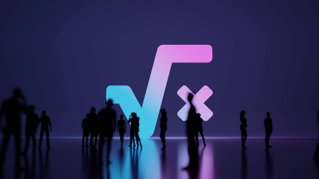 Silhouettes of people in front of a glowing blue and pink logo.