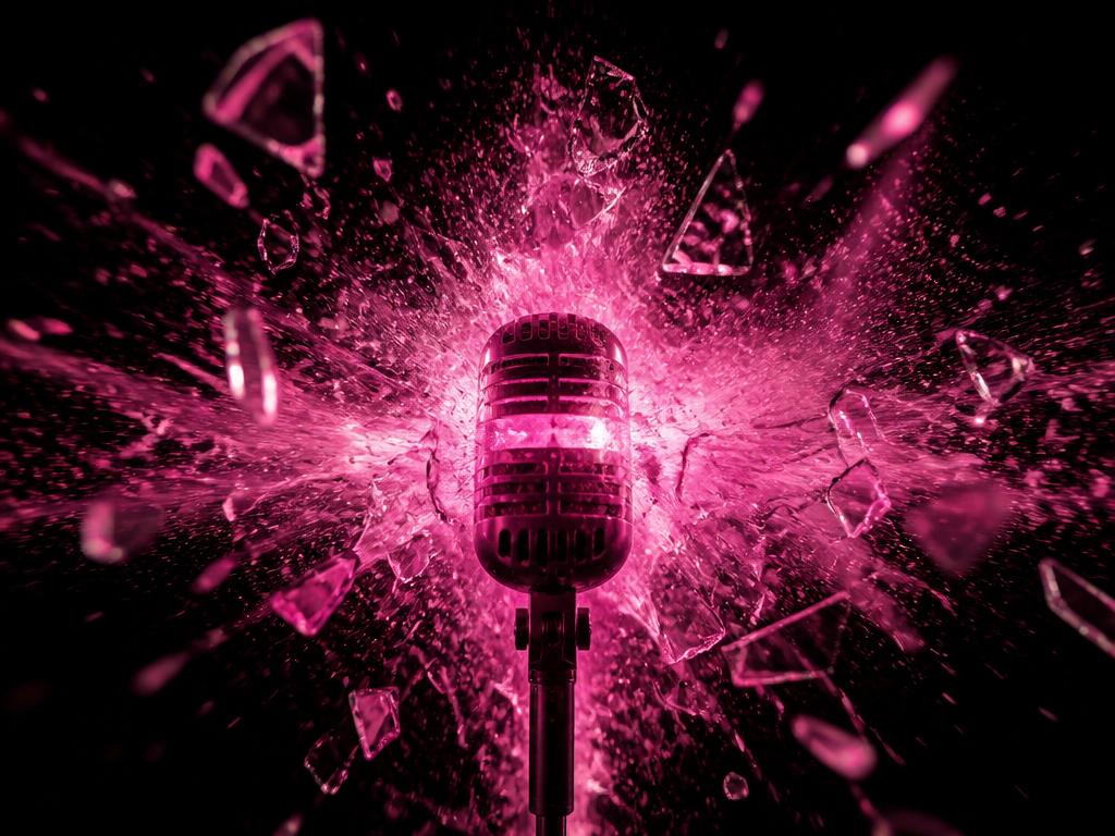 Magenta shockwave bursting from a microphone, shattering glass