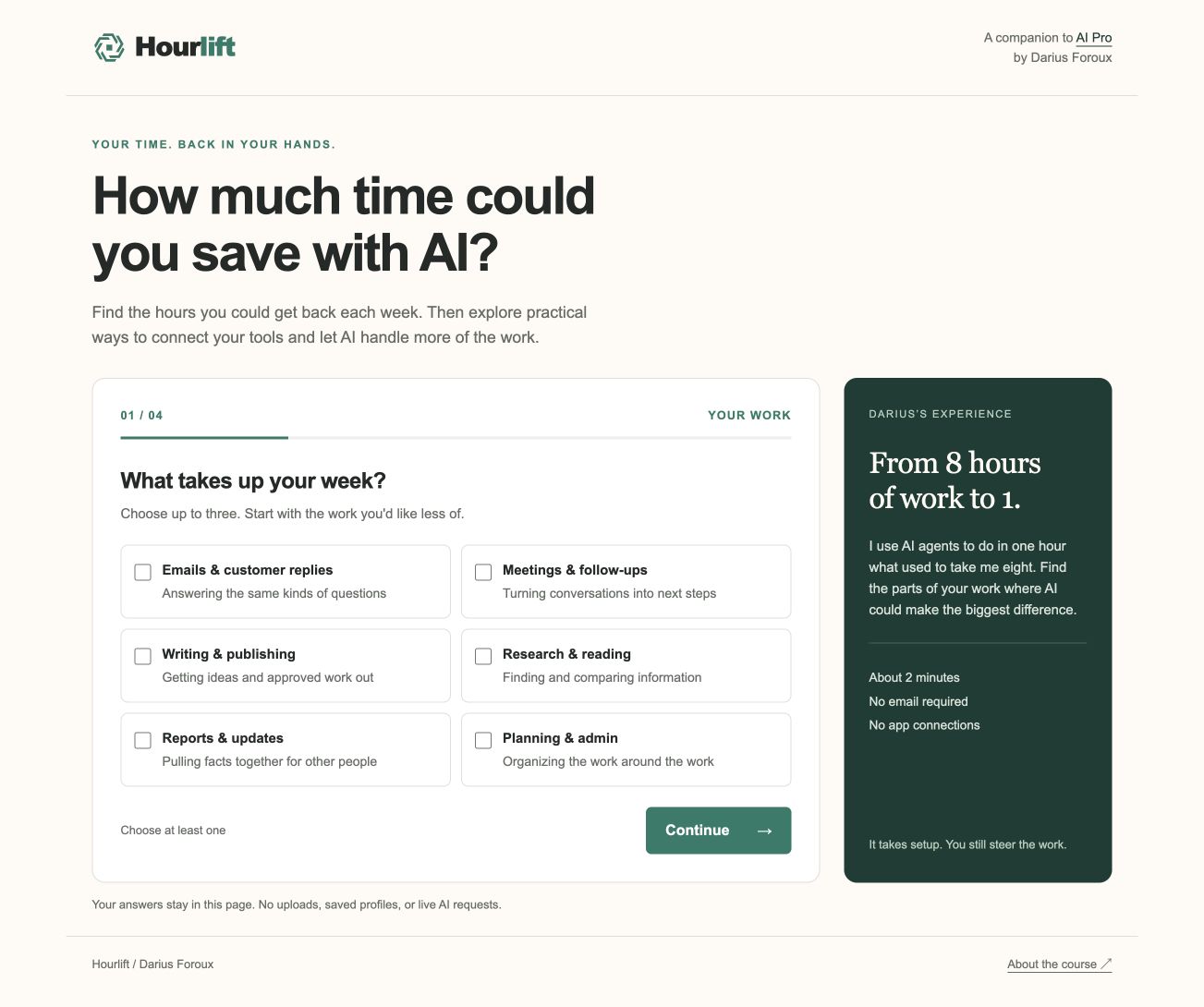 Hourlift, a free tool by Darius Foroux to explore how much time you could save with AI
