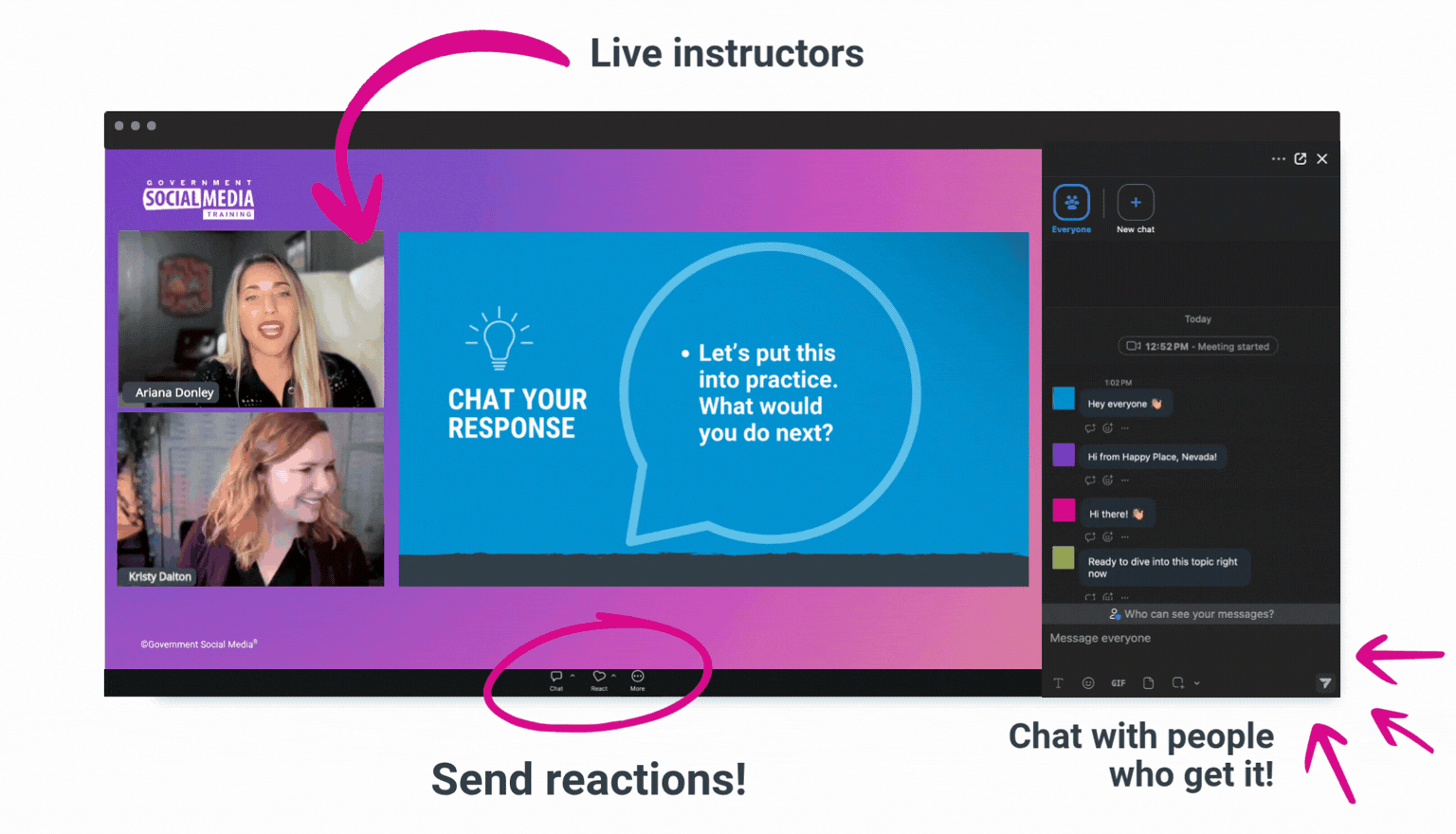 Live instructors CHAT YOUR RESPONSE “Let’s put this into practice. What would you do next?” Send reactions! Chat with people who get it!
