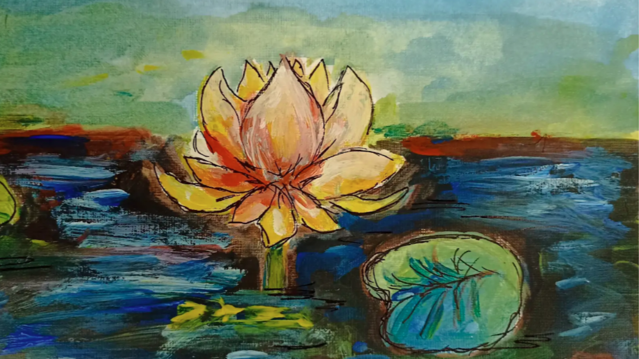 Intuitive painting of a luminous lotus emerging from dark, layered water.