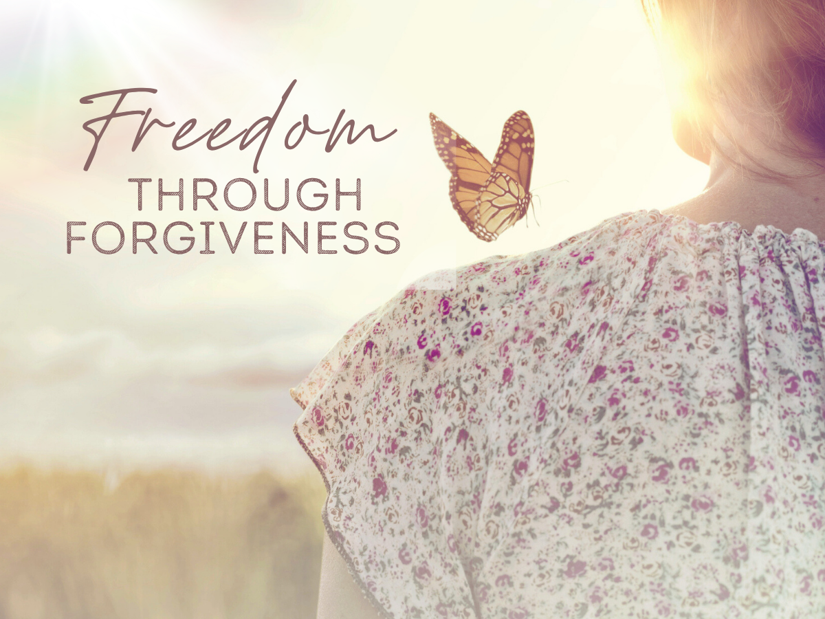 A woman faces forward and we can only see her back. A butterfly is at her shoulder. There is a rainbow and light in the distance. She is letting the past go.